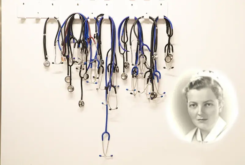 a faded photo of a nurse superimposed on a photo of stethoscopes hanging from the wall