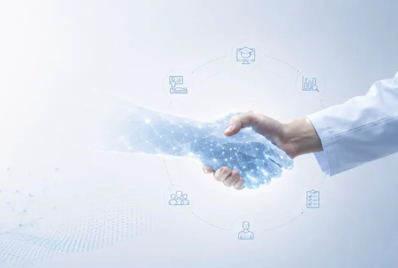 illustration of a hand with a white doctor coat sleeve shaking hands with a digital hand