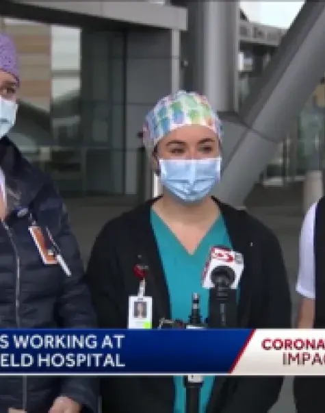 BSN students Joanna Ghilardi, Ally Luongo, and Melissa Richard during their WCVB-TV interview at Boston Hope.