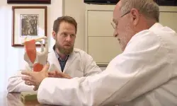 Two doctors looking at a model of a body part